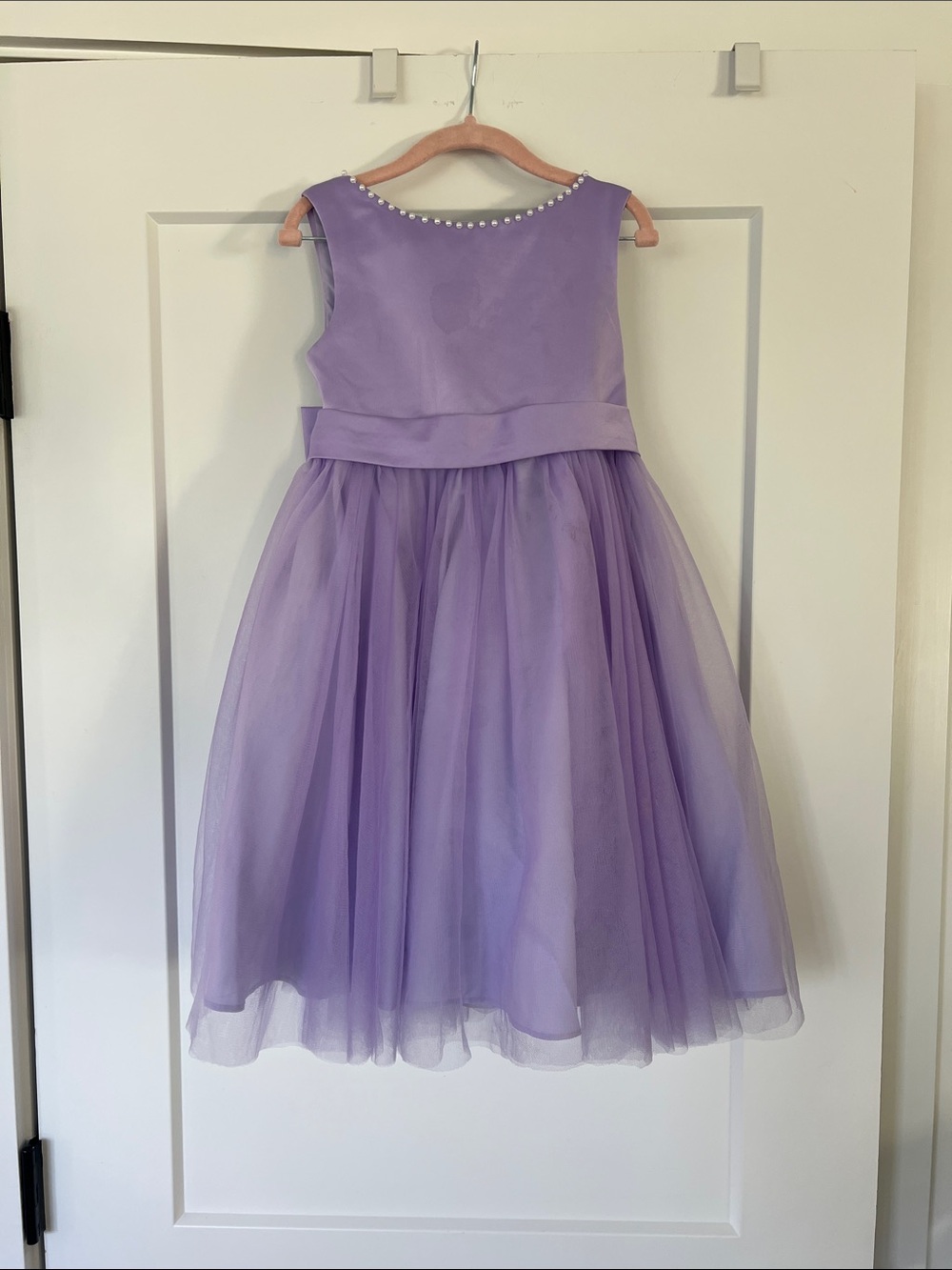 Azazie Lilac Tulle Party Dress with Pearl Neckline.